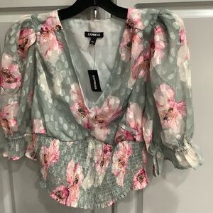 Express Pink Floral Blouse with Puff Sleeves